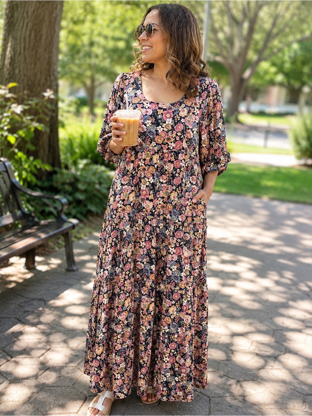 NATURAL LIFE ptp 20 Navy Maxi Dress with Pink & Cream Floral Print .